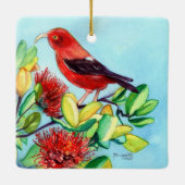 Mele Kalikimaka Iiwi Bird und Ohia Lehua Blume Keramikornament (Rückseite)