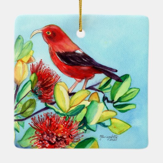 Mele Kalikimaka Iiwi Bird und Ohia Lehua Blume Keramikornament (Rückseite)