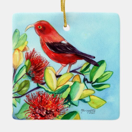 Mele Kalikimaka Iiwi Bird und Ohia Lehua Blume Keramikornament (Vorderseite)