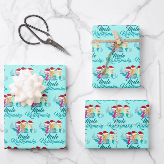 Mele Kalikimaka Mermaid Niedlich Aquamarin Beach W Geschenkpapier Set (Vorderseite)