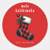 Mele Kalikimaka Red & Black Plaid Stocking Holiday Runder Aufkleber (Vorderseite)