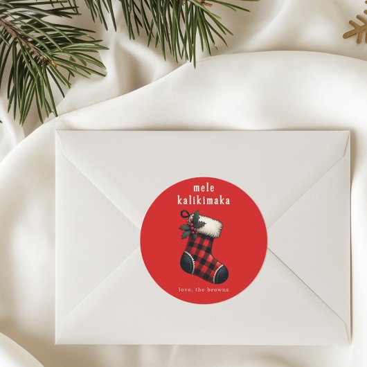 Mele Kalikimaka Red & Black Plaid Stocking Holiday Runder Aufkleber