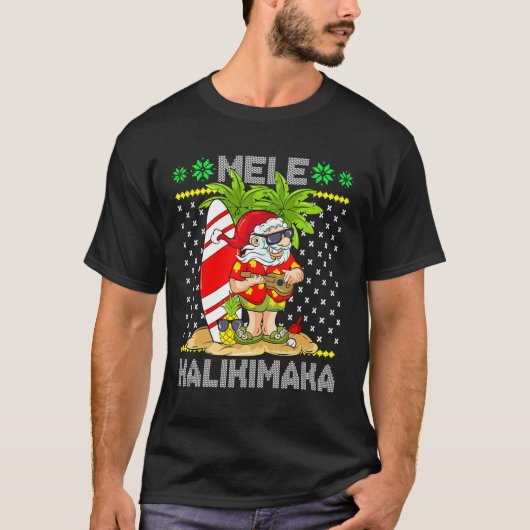 Mele Kalikimaka Santa Claus Surfer Guitar Hawaiian T-Shirt (Vorderseite)