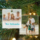 Mele Kalikimaka Tropical Hawaiian Weihnachts-Foto Keramikornament<br><div class="desc">Mele Kalikimaka Tropical Hawaiian Weihnachts-Foto Weihnachtsschmuck. Senden Sie Ihren Urlaub Grüße auf Hawaii mit diesem lustigen,  türkisfarbenen aquamarinen und tropischen rosa Design. Fügen Sie 2 Ihrer Lieblings-Fotos für das perfekte Urlaubsgeschenk hinzu! Wenn Sie Hilfe beim Design oder den passenden Produkten benötigen,  kontaktieren Sie uns bitte unter katescreationszazzle@gmail.com.</div>