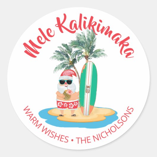 Mele Kalikimaka Tropical Surfing Weihnachten Runder Aufkleber (Vorderseite)