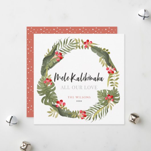 Mele Kalikimaka Tropical Wreath Feiertagskarte (Vorderseite/Rückseite Beispiel)