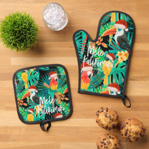 Mele Kalikimaka Tropische Jungle-Vögel Ofenhandschuh & Topflappen-Set