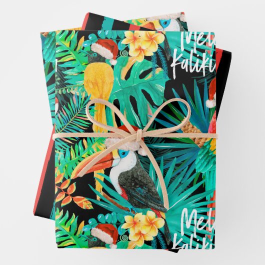Mele Kalikimaka Tropische Jungvögel und Streifen Geschenkpapier Set (Beispiel)