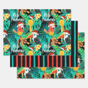Mele Kalikimaka Tropische Jungvögel und Streifen  Geschenkpapier Set