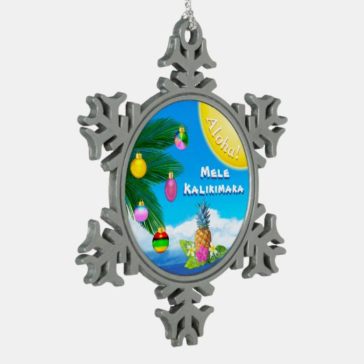 Mele Kalikimaka, Weihnachtsbaumschmuck Schneeflocken Zinn-Ornament (Links)