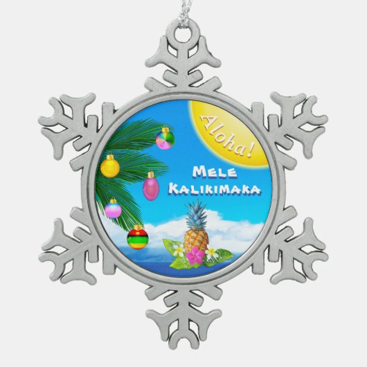 Mele Kalikimaka, Weihnachtsbaumschmuck Schneeflocken Zinn-Ornament (Vorderseite)