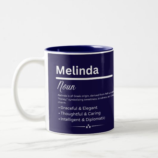 Melinda, Girl Personalized Name Definition Mug Zweifarbige Tasse (Links)