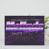 Melinda Name Vorname lila retro Karte Geburtstag (Stehend Vorderseite)