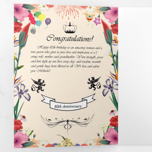 Melindas 80. Geburtstagskarte Dreifach Gefaltete Ankündigung (Innen Erste Seite)
