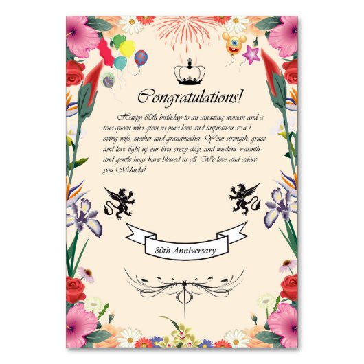 Melindas 80. Geburtstagskarte Tischnummer (Vorderseite)