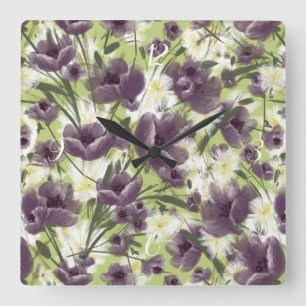 Mellow Garden Lila Poppies Clock Quadratische Wanduhr