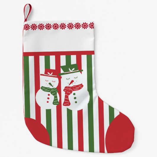 Mellow Snowmen - Xmas red white green stripes. Kleiner Weihnachtsstrumpf (Vorderseite)