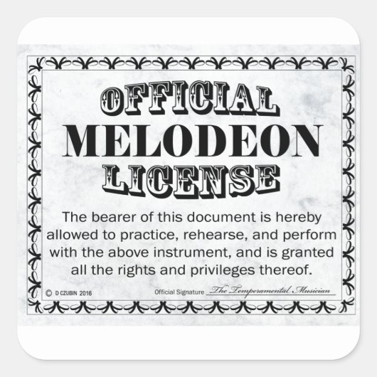 Melodeon License Square Aufkleber (Vorderseite)