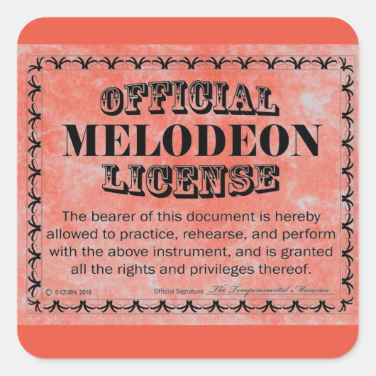 Melodeon License Square Aufkleber (Vorderseite)