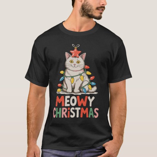 Melodien Weihnachten Funny Niedlich Cat Xmas Light T-Shirt (Vorderseite)