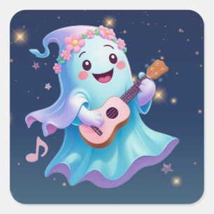 "Melody of the Afterlife - Kawaii Ghost Musician" Quadratischer Aufkleber