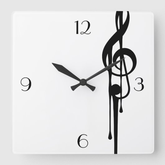 MELTPOINT WHITE Black G-Clef Big Custom Numbers Quadratische Wanduhr (Vorderseite)