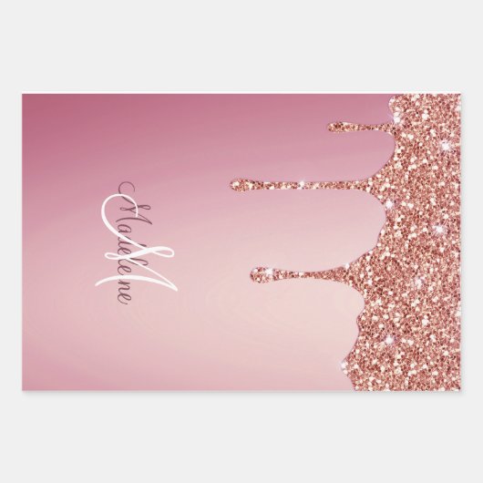 Melzen Girly Pink-Glitzern Personalisiert mit Name Geschenkpapier Set (Vorderseite)