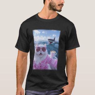 Meme-Katze auf Jachtboot mit Hai dahinter T-Shirt