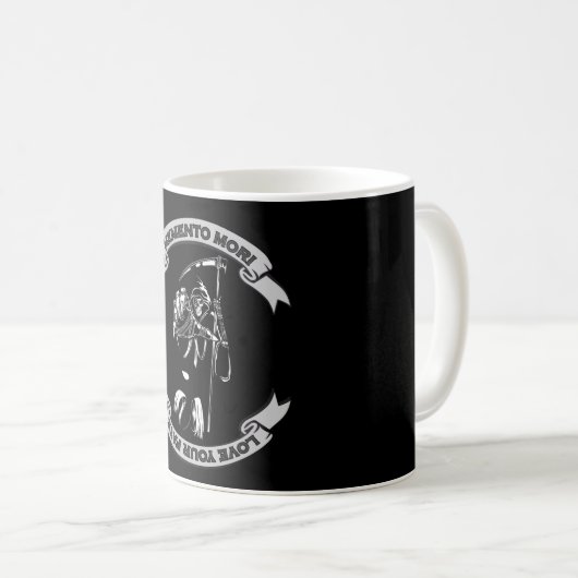 MEMENTO MORI Liebe Ihr Schicksal Grimm Sensenmann Kaffeetasse (VorderseiteRechts)
