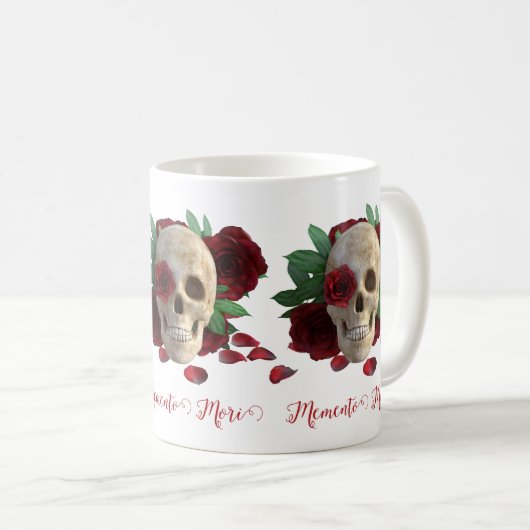 Memento Mori. Schädel mit rote Rosen Kaffeetasse (VorderseiteRechts)