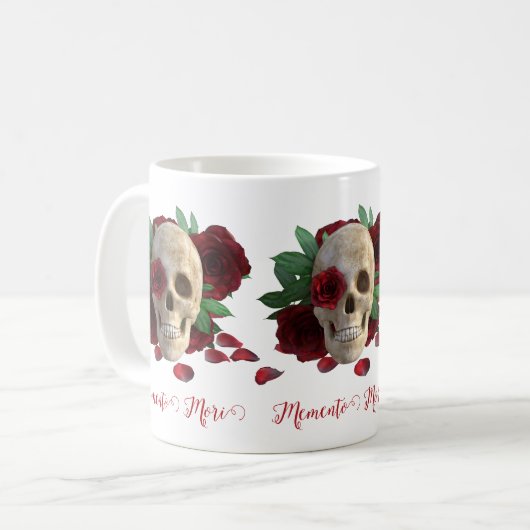Memento Mori. Schädel mit rote Rosen Kaffeetasse (Vorderseite Links)