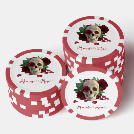 Memento Mori. Schädel mit rote Rosen Pokerchips (Stapel)
