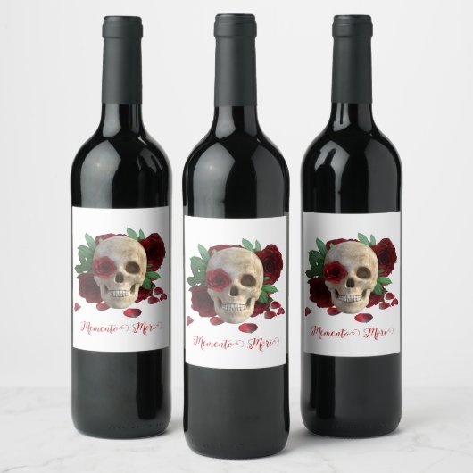 Memento Mori. Schädel mit rote Rosen Weinetikett (Flaschen)