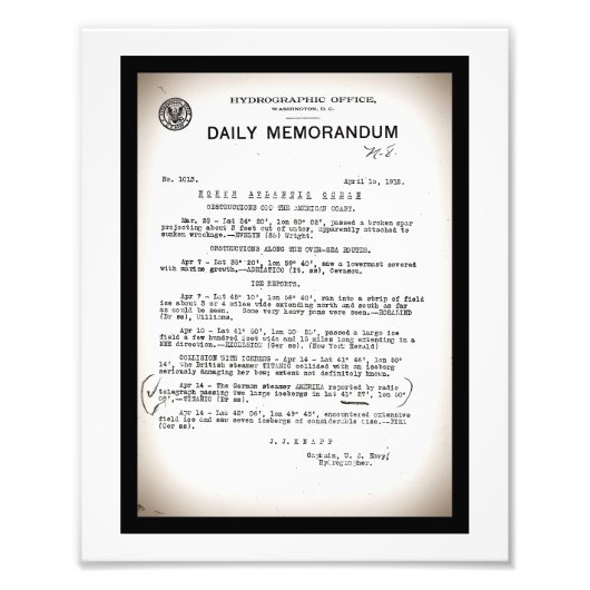 Memo vom Hydrografischen Amt Titanic Desaster Fotodruck (Vorne)