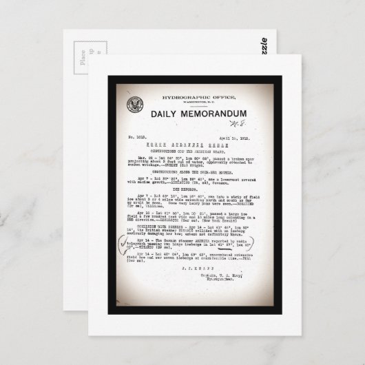 Memo vom Hydrografischen Amt Titanic Desaster Postkarte (Vorne/Hinten)