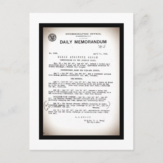 Memo vom Hydrografischen Amt Titanic Desaster Postkarte (Vorderseite)