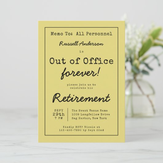 Memo zum Funny Out of Office Forever Retirement Pa Einladung (Stehend Vorderseite)