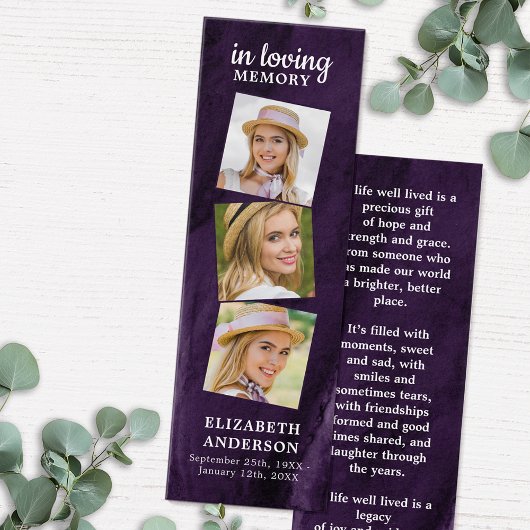 Memorial 3 Foto Lila Beerdigung Gebet Lesezeichen