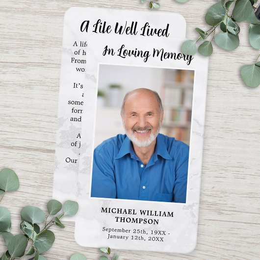 Memorial Beerdigal Prayer Card Foto Einfaches Marm Telefonnummerkarte