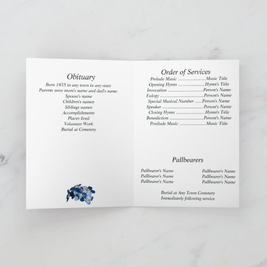 Memorial Blue Vergiss mich nicht das Blumenprogram Einladung (Innenseite)