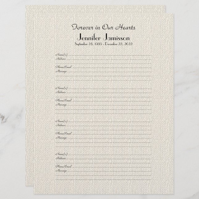 Memorial Book Filler Anmeldung Page Imitate Burlap (Vorne/Hinten)