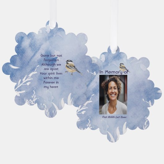 Memorial Chickadee Bird Winter Snow Tree Ornament Karte (Vorderseite/Rückseite)
