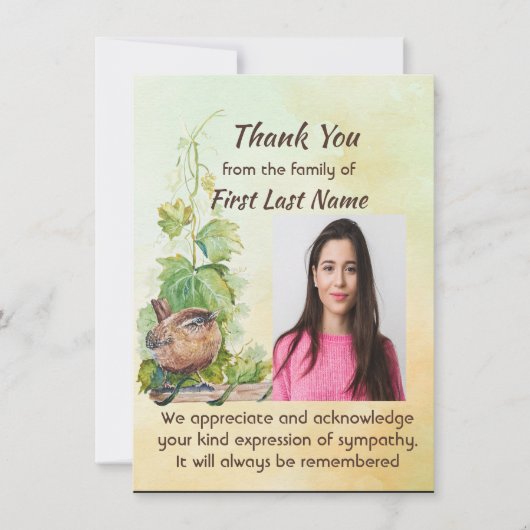 Memorial Custom Cute Wren Bird Thank you Dankeskarte (Vorderseite)