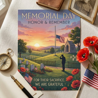 Memorial Day Illustrated Soldier Saluting Poppies Feiertagspostkarte