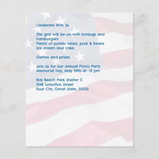 Memorial Day Star Flag Familie Picknick Einladung Flyer (Hinten)
