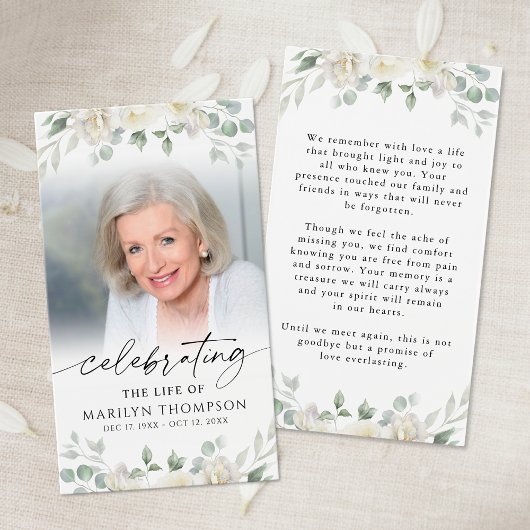 Memorial Elegant Floral Photo Prayer Card