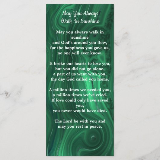 Memorial Emerald Green Beerdigung Gebet-Karte Foto (Rückseite)