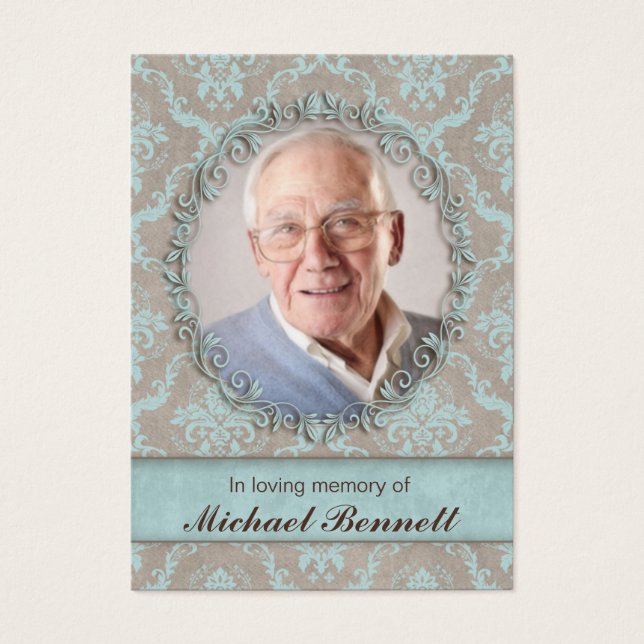 Memorial Foto Card Vintag Damask Blue Brown (Vorderseite)