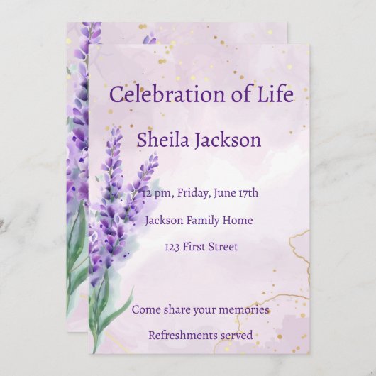 Memorial Foto Custom Lavender Garten Blume Einladung (Vorne/Hinten)