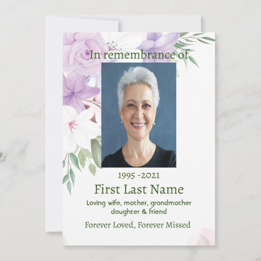 Memorial Foto Custom Lila White Roses Blume Einladung (Rückseite)